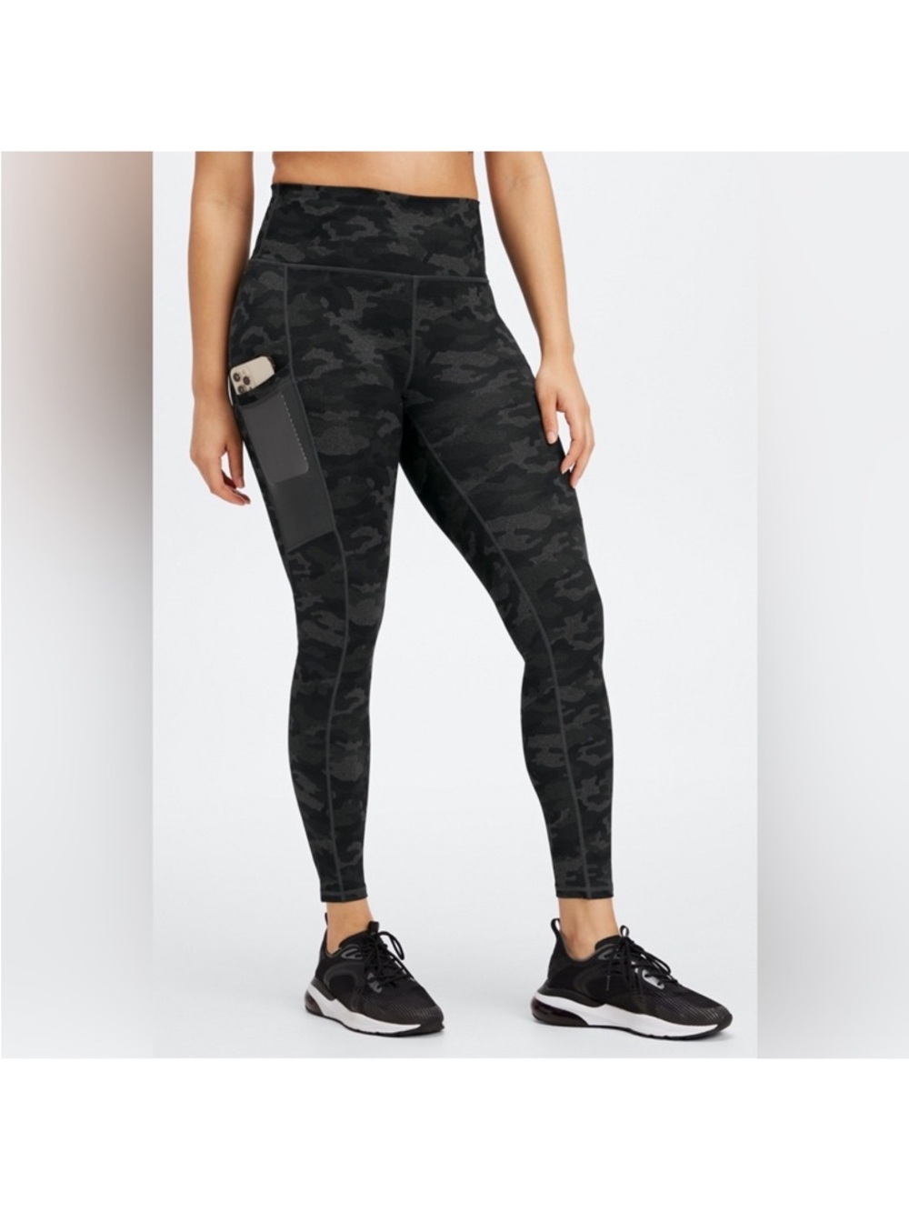 EEUC Women’s FABLETICS Powerhold High-Waist Black Camo Sheer Pocket Leggings (M)
